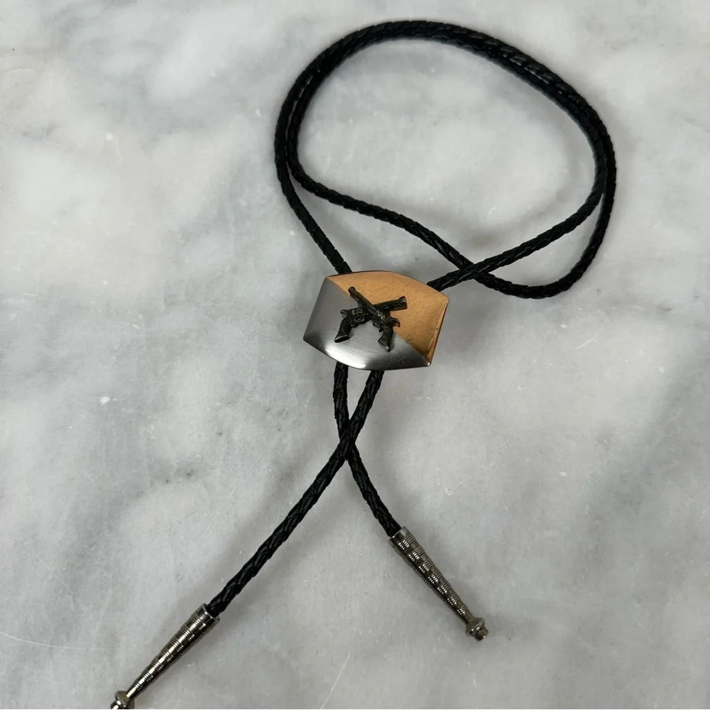 Bolo tie pistol western cowboy Black‎ Silver leather gun revolver braided gold